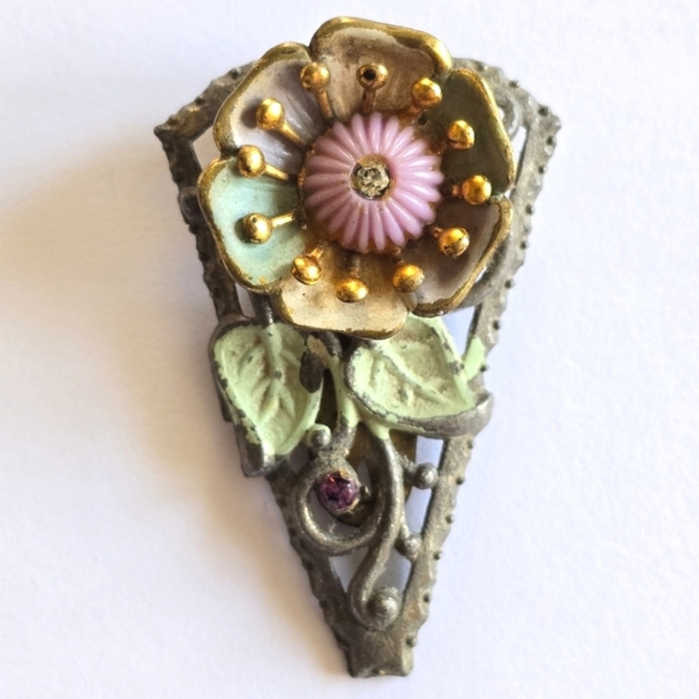 Vintage flower clip fur dress clip pin dark gold tone metal